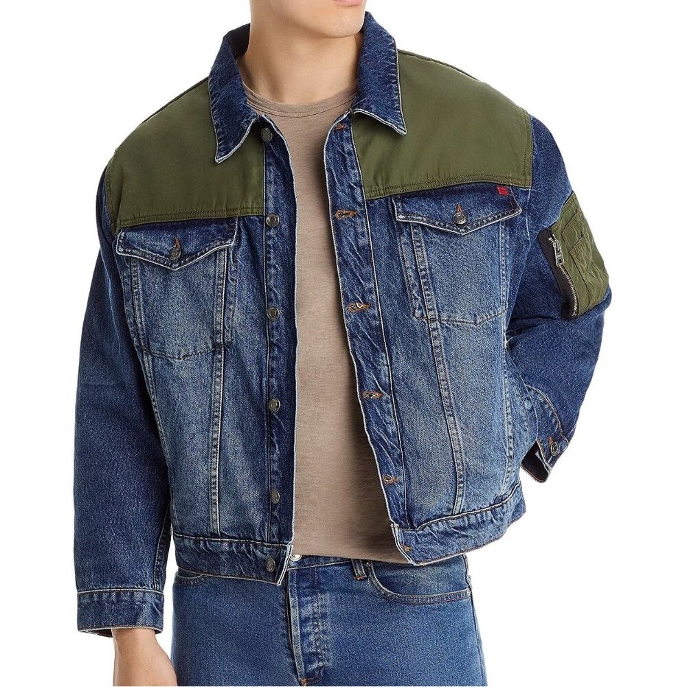 Hugo Boss Men's HUGO Mixed Media Denim Trucker Military Jacket Relaxed Fit Navy